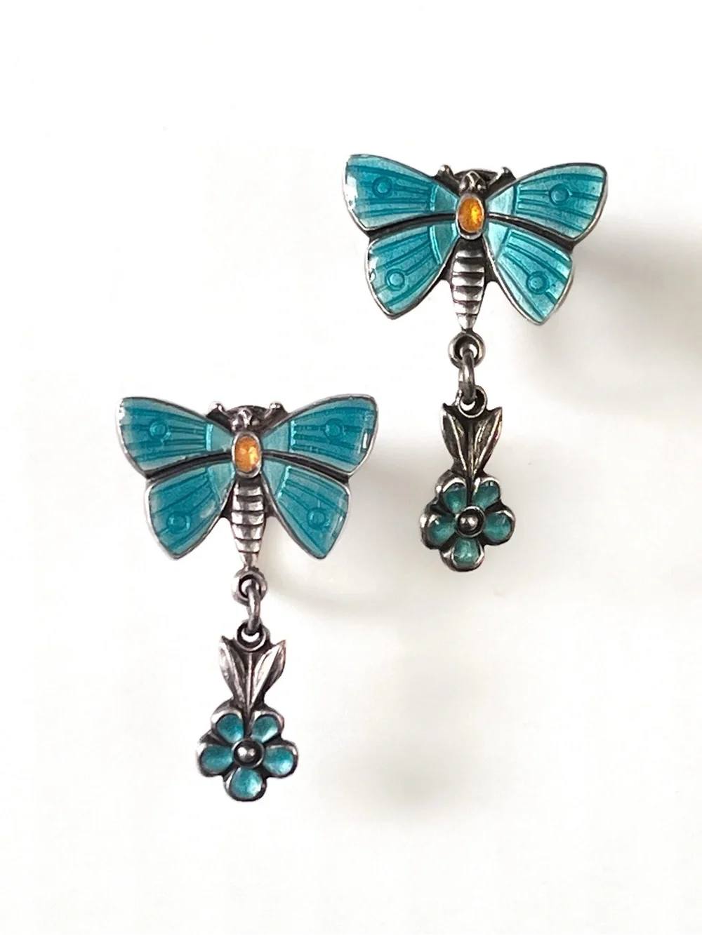 Antique Guilloche Earrings Turquoise Enamel STERLING Dangle Butterfly Daisy VTG
